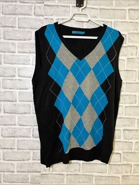 Stockhomme Classic V-Neck Argyle Sweater Vest in Black with Blue & Gray large